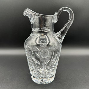 Rare Beautiful 8&#39;&#39; Tall Cut Crystal Pitcher w/ Gorgeous Etched Flower, Excellent Condition