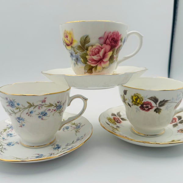 Three Gorgeous DUCHESS Sets of English Bone China Tea Cups & Saucers, Romance n Tranquility Patterns, MINT, Crafted In England, Collectibles