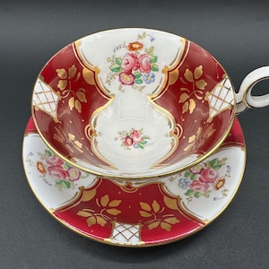 RARE Beautiful Radfords Fenton English Bone China Footed Tea Cup & Saucer, Dark Maroon w/Gold Details and Flower Bouquet, Crafted In England