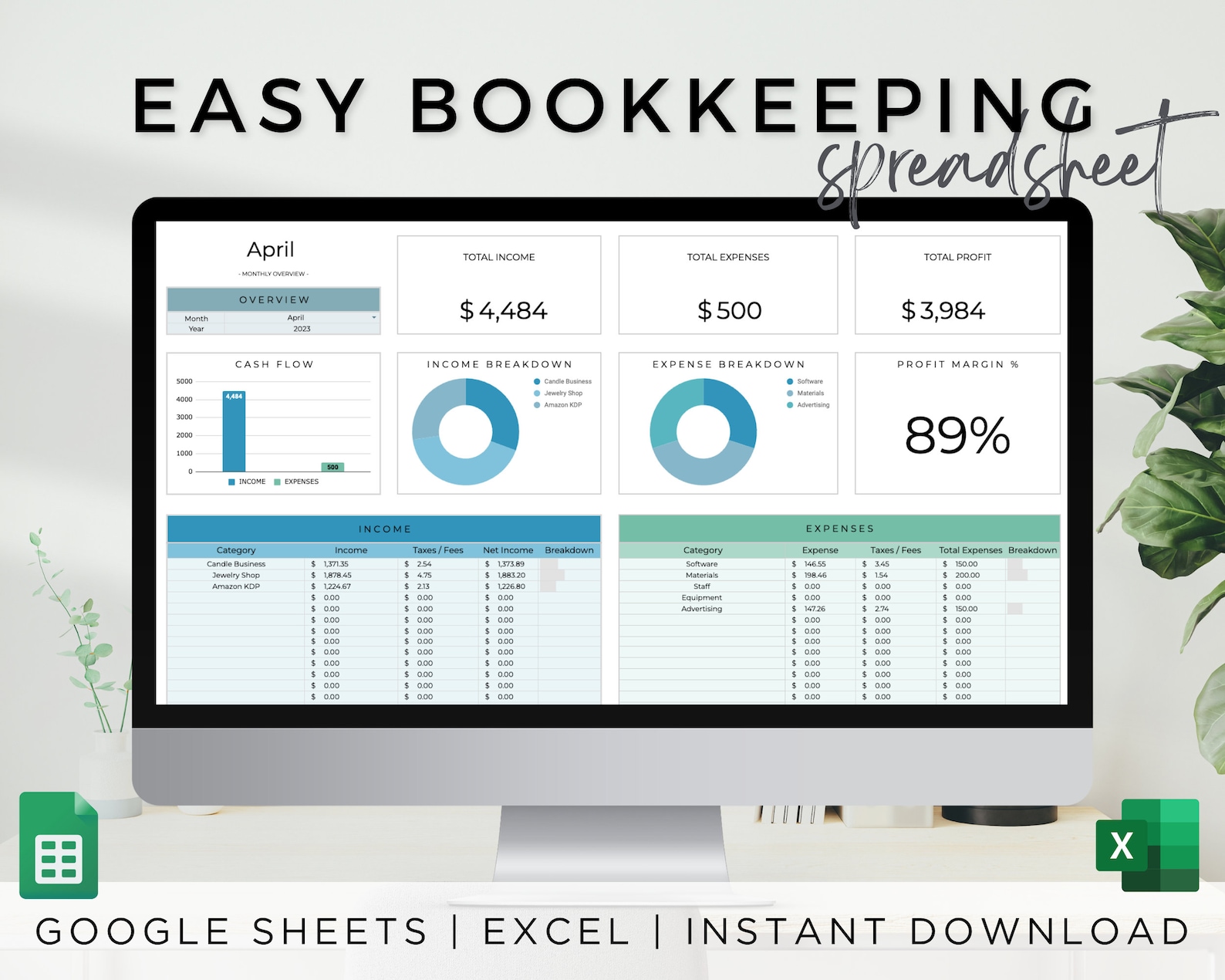 Small Business Bookkeeping Spreadsheet, Excel Budget Template, Google ...