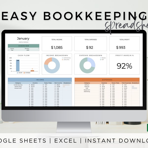 Small Business Bookkeeping Spreadsheet, Excel Budget Template, Google Sheets, Profit and Loss, Accounting Ledger, Income and Expense Tracker