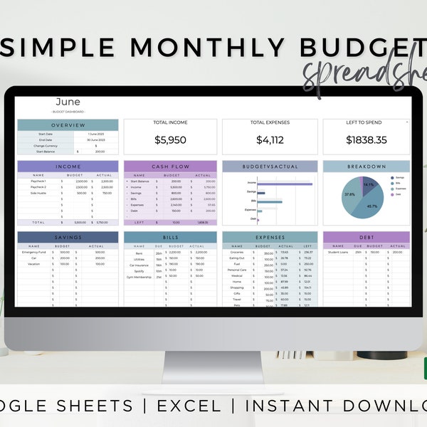 Simple Monthly Budget Spreadsheet for Google Sheets | Excel Monthly Budget Template | Budget Planner | Expense Tracker | Savings Tracker