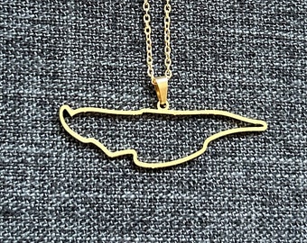 May include: A gold chain necklace with a pendant shaped like the outline of an island. The pendant is hanging on a grey fabric background.