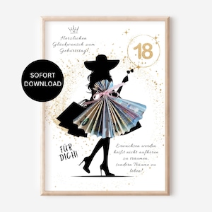 May include: A framed print featuring a silhouette of a woman holding shopping bags and sunglasses, with a dress made of folded money. The print includes the number 18 and German text. A black circle with the words "SOFORT DOWNLOAD" is also present.