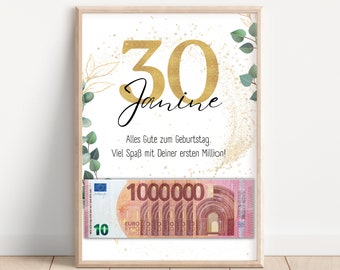 Cash gift 30th birthday I personalized money I Birthday gift your first million I Digital download PDF