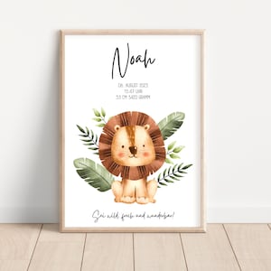Poster Kinderzimmer „wild, frech, wunderbar“ Geburtstafel Poster Löwe personalisiert Geburtsdaten – Geburtsposter – Geschenk Geburt – Bild