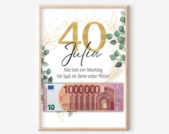 Regalo de dinero 40 cumpleaños I dinero personalizado I regalo de cumpleaños tu primer millón I descarga digital PDF