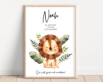 Poster Kinderzimmer „wild, frech, wunderbar“ Geburtstafel Poster Löwe personalisiert Geburtsdaten – Geburtsposter – Geschenk Geburt – Bild