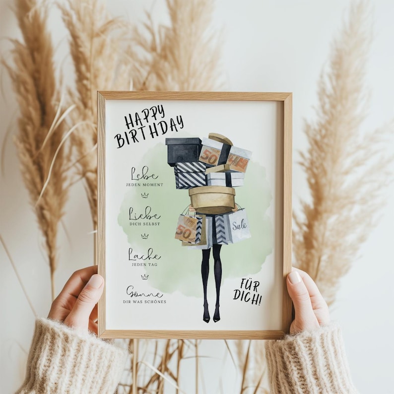May include: A watercolor illustration of a woman carrying a stack of gifts with the text "Happy Birthday", "Lebe jeden Moment", "Liebe dich selbst", "Lache jeden Tag", "Gonne dir was sch&ouml;nes", and "F&uuml;r dich!"
