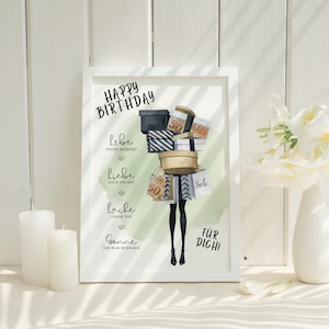 May include: A green and white illustrated print with a woman carrying shopping bags. The text reads "Happy Birthday", "Lebe jeden Moment", "Liebe dich selbst", "Lache jeden Tag", "Genie&szlig;e die war sch&ouml;nes", "F&uuml;r dich!"