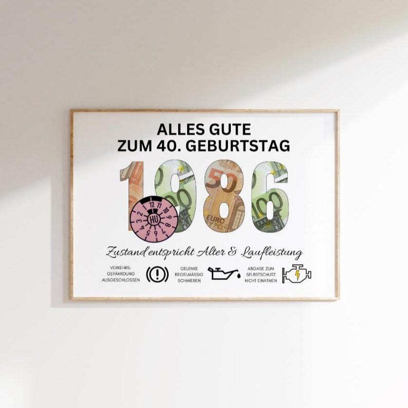 Money gift idea for a man's 40th birthday (born 1986), funny DIY birthday present | PDF download available for immediate download and printing image 2