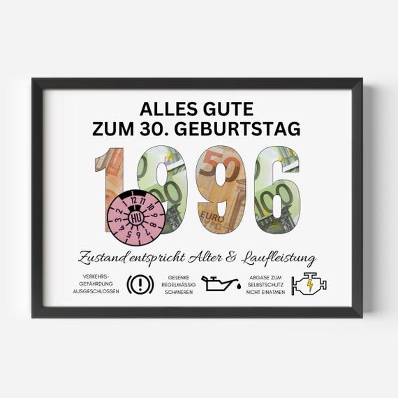 Geldgeschenk 30. Geburtstag Mann Jahrgang 1996 Geschenk Idee Ihn Geld lustig DIY Geburtstagsgeschenk I PDF sofort Download selber ausdrucken