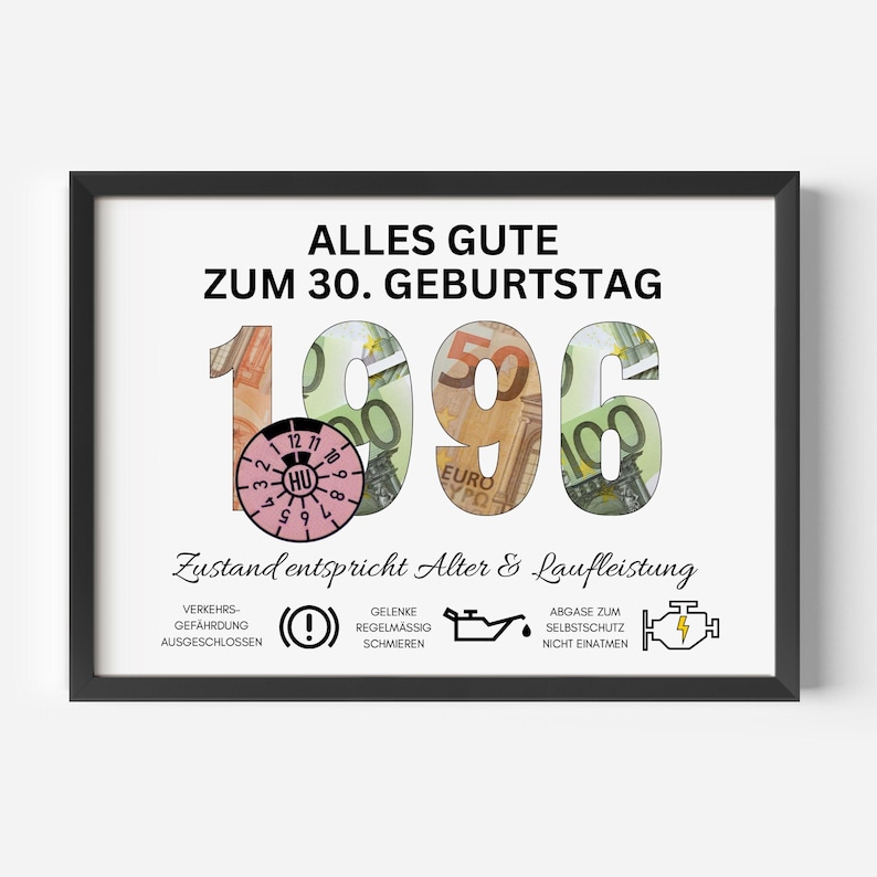 Geldgeschenk 30. Geburtstag Mann Jahrgang 1996 Geschenk Idee Ihn Geld lustig DIY Geburtstagsgeschenk I PDF sofort Download selber ausdrucken