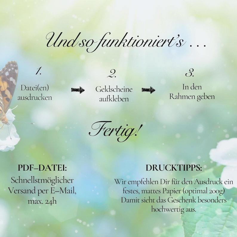 Puede incluir: Una imagen con instrucciones en alem&aacute;n para montar un regalo. Los pasos est&aacute;n numerados e incluyen imprimir, pegar dinero y enmarcar. El texto incluye "PDF-Datei" y "Drucktipps". El fondo es verde suave con acentos florales.