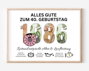 Idée cadeau originale pour le 40e anniversaire d'un homme (né en 1986) : de l'argent à offrir. Cadeau d'anniversaire amusant à faire soi-même | Téléchargement PDF disponible pour impression immédiate.