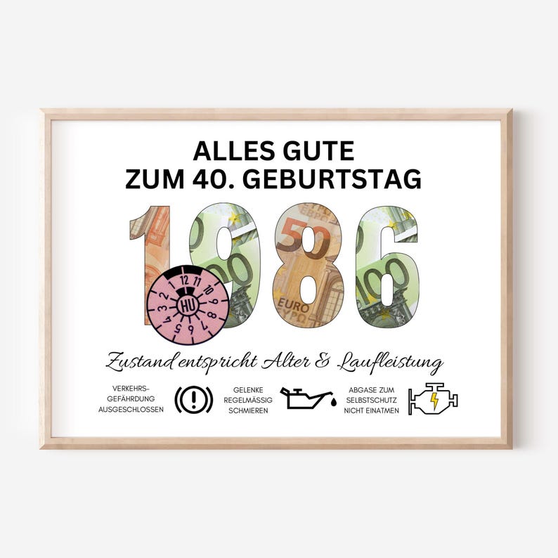 Money gift idea for a man's 40th birthday (born 1986), funny DIY birthday present | PDF download available for immediate download and printing image 1