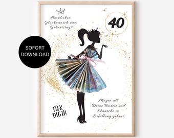 Presente de aniversário de 40 anos, vale-presente em dinheiro, esposa, namorada, filha, dinheiro, embrulho, presente, ideia para presente, PDF, download instantâneo