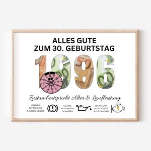 May include: A framed print with the text "ALLES GUTE ZUM 30. GEBURTSTAG" in black. The numbers "1996" are filled with images of Euro banknotes. Below the numbers are several German phrases and symbols.