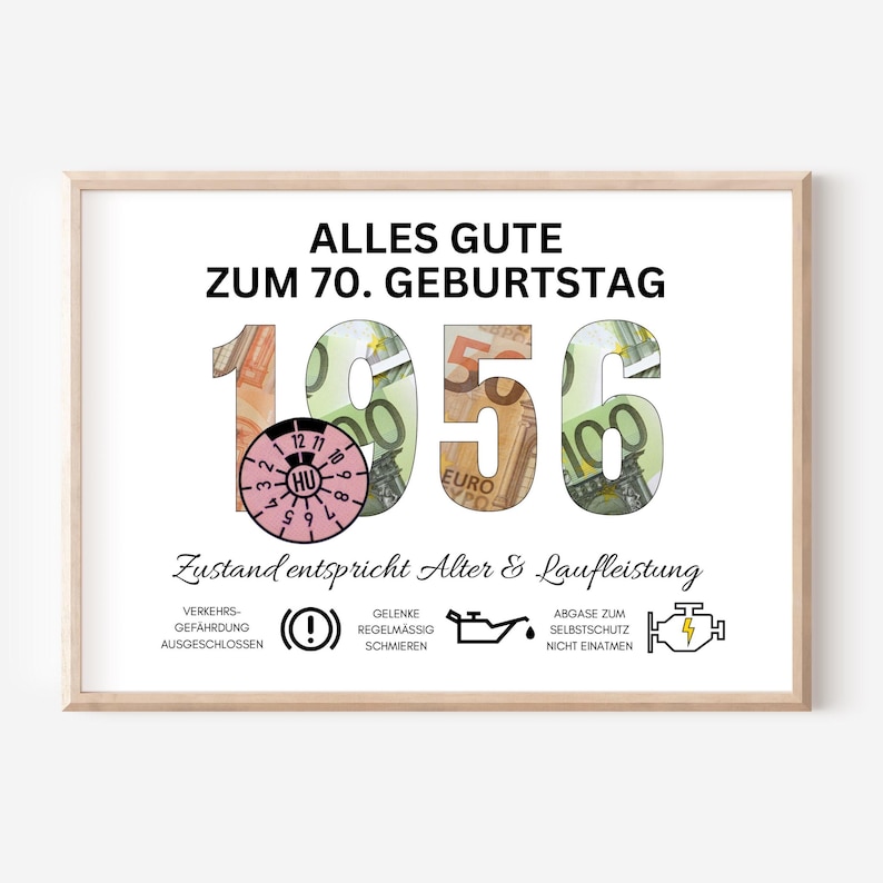 Money gift for a 70th birthday (1956) - instant download - gift idea for men - funny DIY birthday gift - printable PDF image 1