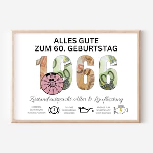 Könnte beinhalten: Gerahmter Druck mit dem Text "ALLES GUTE ZUM 60. GEBURTSTAG 1966". Die Zahlen sind mit Bildern von Euro-Banknoten gefüllt. Der Druck enthält deutschen Text und verschiedene Symbole.