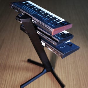 Op de afbeelding: Een zwarte keyboardstandaard ondersteunt drie miniatuursynthesizers. De bovenste synth is gemarkeerd met "Yamaha DX7" met witte toetsen. De middelste synth is gemarkeerd met "Korg DS-80". De onderste synth is gemarkeerd met "Korg".