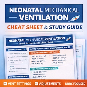 Könnte beinhalten: Ein blau-weißes Studienhandbuch mit dem Titel "Neonatal Mechanical Ventilation Cheat Sheet & Study Guide". Der Leitfaden enthält Informationen zu den anfänglichen Beatmungseinstellungen, allgemeinen Prinzipien und Anpassungen. Der Leitfaden konzentriert sich auf NBRC.