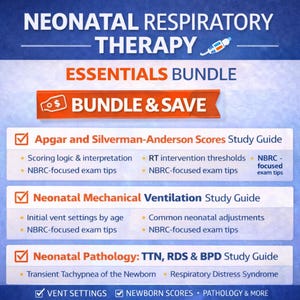 May include: A blue and orange graphic promoting a neonatal respiratory therapy essentials bundle. The image includes text about study guides for Apgar scores, mechanical ventilation, and neonatal pathology. The phrase "Bundle & Save" is prominently displayed.