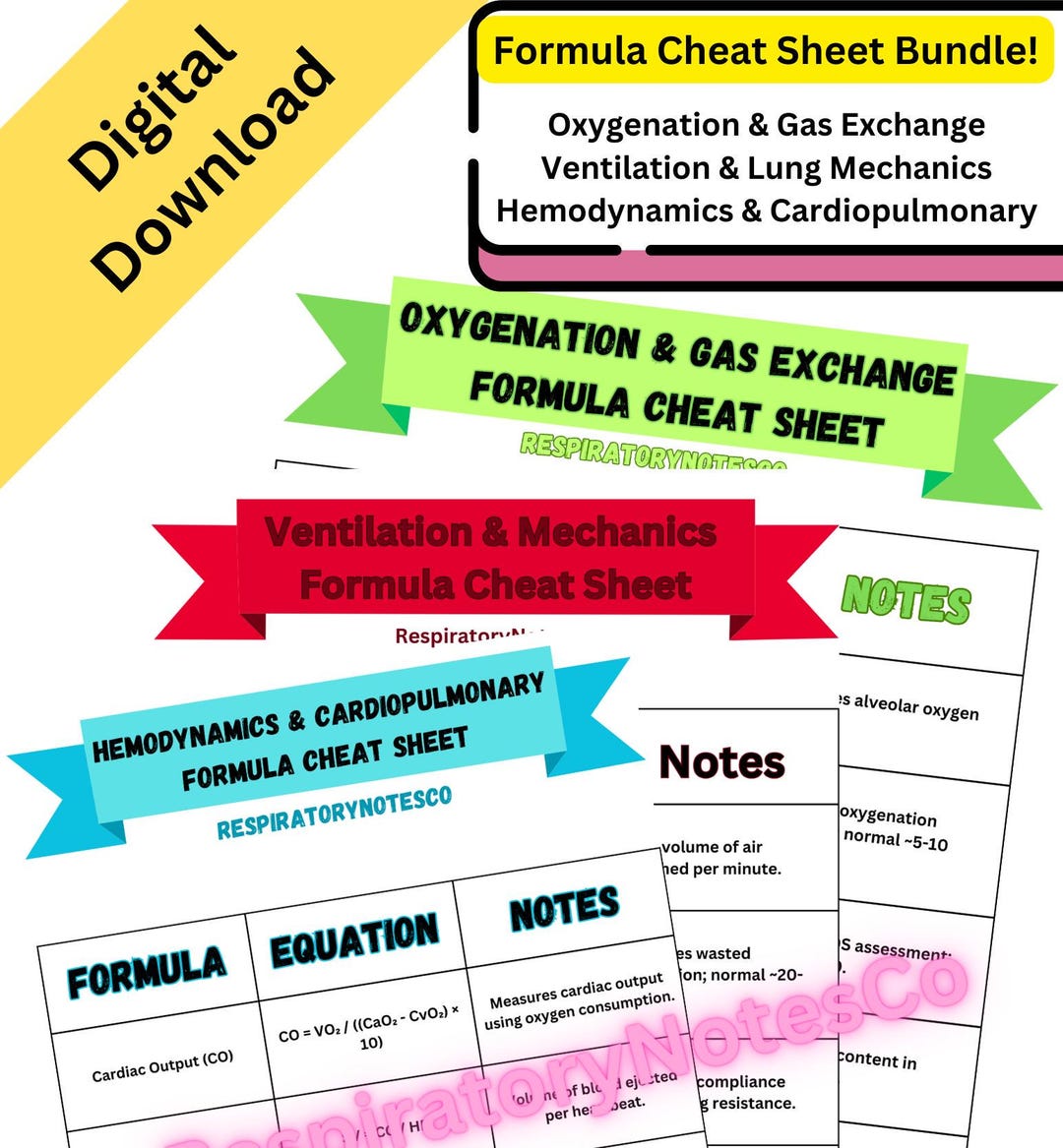 Respiratory Formula Cheat Sheet Bundle | Gas Exchange | Ventilation ...