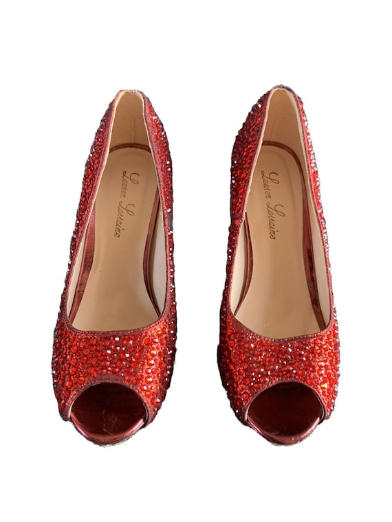 Lauren Lorraine Women s Bejewel Candy Red Heel Peep Toe Shoes Size