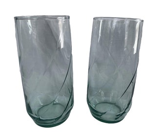 Set of 2 Libbey Green Glass TUMBLERS Twisted Rib design Glasses Green Tint