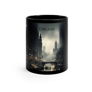 Chicago Noir Skyline Mug, 11 oz Ceramic Cup, Vintage Detective Vibes, Rainy Night Scene, Coffee Lover Gift, Dishwasher Safe