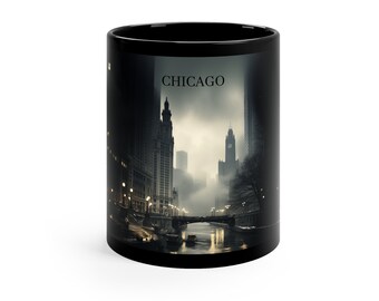 Chicago Noir Skyline Mug, 11 oz Ceramic Cup, Vintage Detective Vibes, Rainy Night Scene, Coffee Lover Gift, Dishwasher Safe