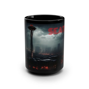 Scary Seattle Mug | Eerie Space Needle Focus | Unique 15 oz Ceramic Tea Cup | Spooky Souvenir from Seattle | Horror-Themed Coffee Mug