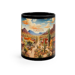 May include: Black coffee mug with a colorful illustration of a desert town with the word "TUCSON" printed on the side.