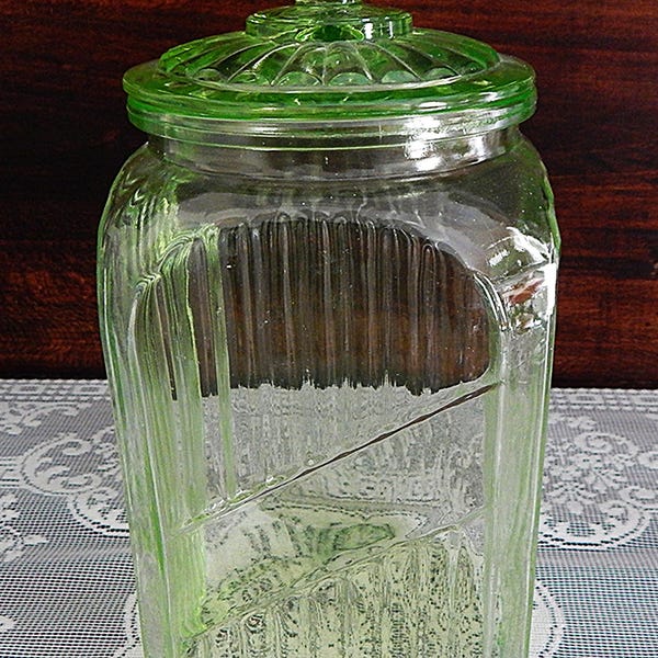 Vintage Hocking Green Uranium Depression Glass Kitchen Canister -Glows!