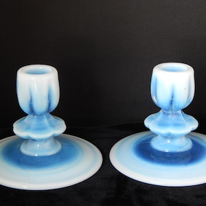 Vintage Duncan & Miller Blue Opalescent Canterbury Candleholders - Pair