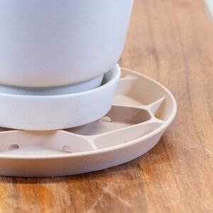 May include: A beige plastic plant saucer with multiple drainage holes and a white ceramic pot sitting on top.