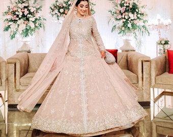 Handmade peach bridal maxi dress with beautiful silver and gold zardozi work, for weddings valima and receptions, indian pakistani bridals