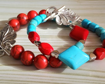 Handmade Turquoise Leaf Ensemble Bracelet and Earrings Set - Nature-inspired Jewelry