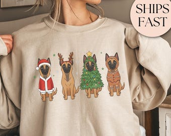 Pull de Noël Malinois belge, Sweat-shirt humoristique, Cadeau pour maman Malinois, Pull col rond de Noël Malinois belge, Cadeau Malinois pour les fêtes