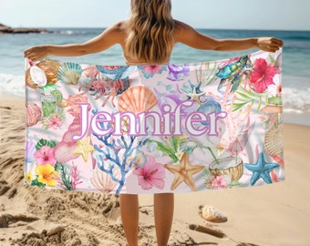 Toalha de praia personalizada Coconut Girl, toalha de banho com nome, toalha de piscina personalizada, nome formal da toalha de praia, toalha de dama de honra, presente de férias de aniversário