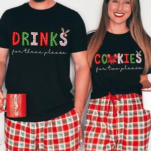 Couple Matching Cookies For Two Please Drinks for three Shirt,Pregnancy Announcement Christmas Sweatshirt,Pregnancy Reveal Christmas Sweater