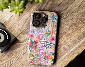 Coque de téléphone résistante personnalisée Coconut Girl, style plage, collage de nœuds estival, coque personnalisée style preppy tropical pour iPhone.