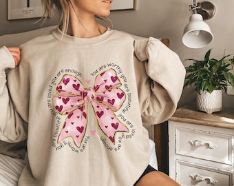 Valentine's Day Heart Bow Sweatshirt, Valentine's Day Pink Shirt, Retro Valentine Shirt, Valentines day Bow Shirt, Bow Valentine Gift Women