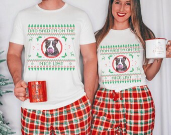 Ritratto personalizzato di cane, coppia abbinata, maglietta di Natale brutta, maglietta personalizzata con foto di cane, regalo di Natale per il proprietario di cane, regalo di Natale per mamma e papà di cane