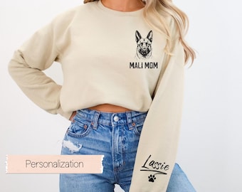 Bluza z nadrukiem "Mama Malinois" z personalizowanym rękawem, Mama owczarka belgijskiego Malinois, Koszulka dla mamy Maligatora, Bluza z nadrukiem "Mama owczarka belgijskiego Malinois", Bluza z nadrukiem "Mama psa"