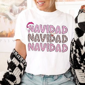 Leopard Navidad Sweatshirt, Pink Christmas Sweatshirt, Latina Christmas Shirt, Santa Hat Christmas Tee, Latin Culture Christmas Sweatshirt