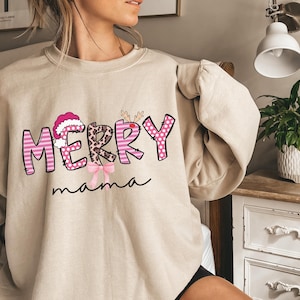 Merry Mama Leopard Bow Sweatshirt, Christmas Mom Shirt, Christmas Mama Claus Shirt, Family Christmas Shirt, Holiday Mom Shirt, Gift for Mom