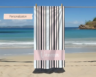Toalla de playa de rayas verticales, Toalla de piscina personalizada, Toalla de baño con nombre personalizado, Toalla de playa con nombre en el exterior, Regalo de cumpleaños y vacaciones