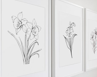 Juego de 3 estampados florales en blanco y negro, arte de pared, arte de flores imprimible, descarga digital